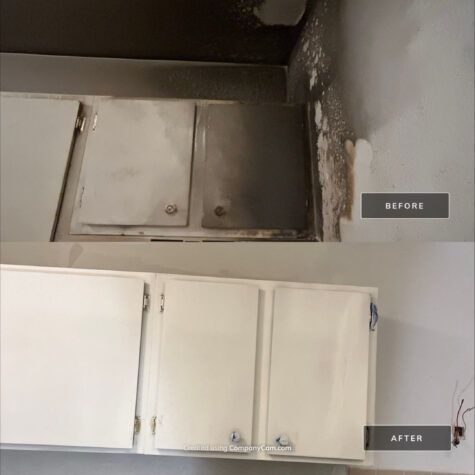 Kitchen cabinets before-and-after: dirty gray cabinets replaced with clean white ones.