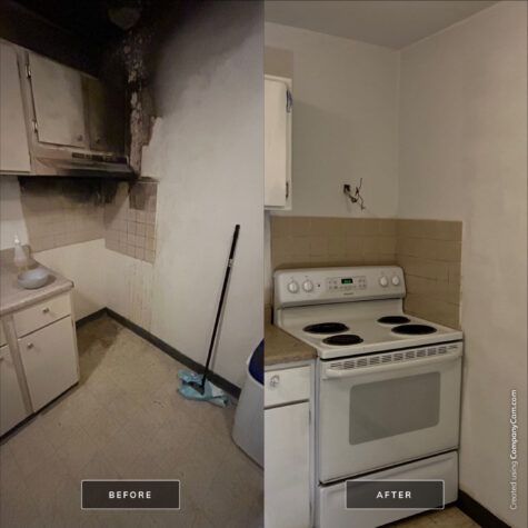 Before-and-after kitchen renovation: dark, cramped old kitchen beside a brighter white stove and cabinets.