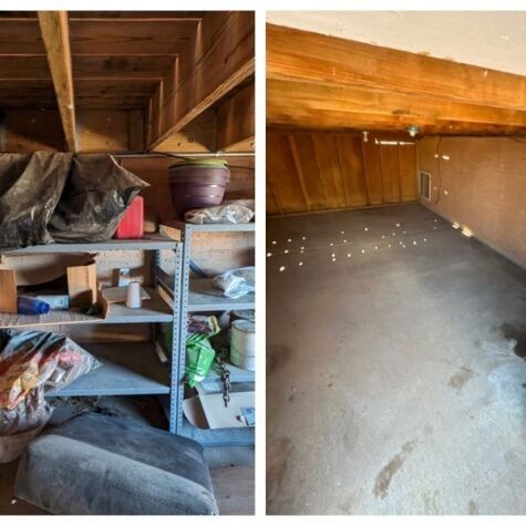 Two attic/garage storage spaces: shelves with clutter on left, empty wood-paneled room with concrete floor on right