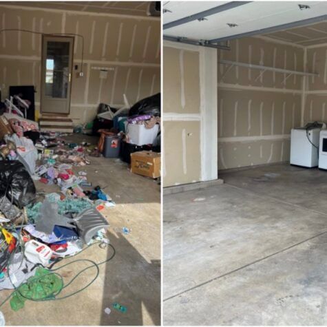 Garage cluttered with trash and belongings on the left, and clean, empty on the right.