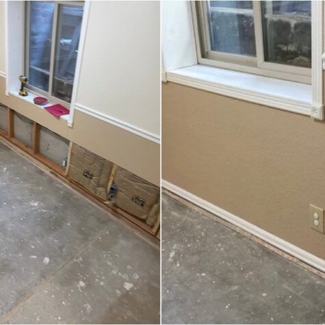 Before and after of a wall repair: exposed studs and insulation replaced with a finished beige wall and window trim.