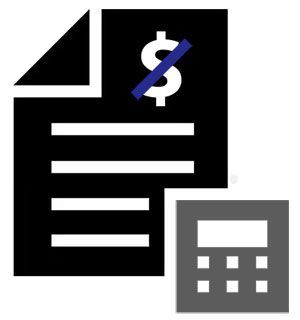 Black invoice icon with a crossed-out dollar sign and calculator