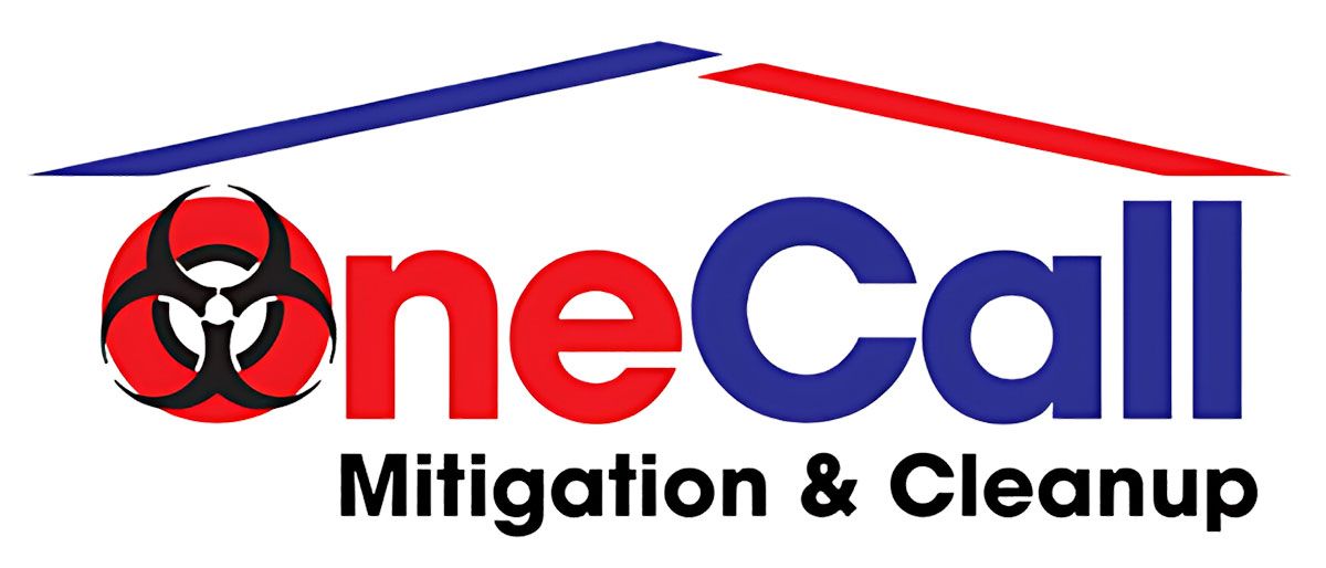 OneCall Mitigation & Cleanup logo in red, blue, and black with biohazard symbol