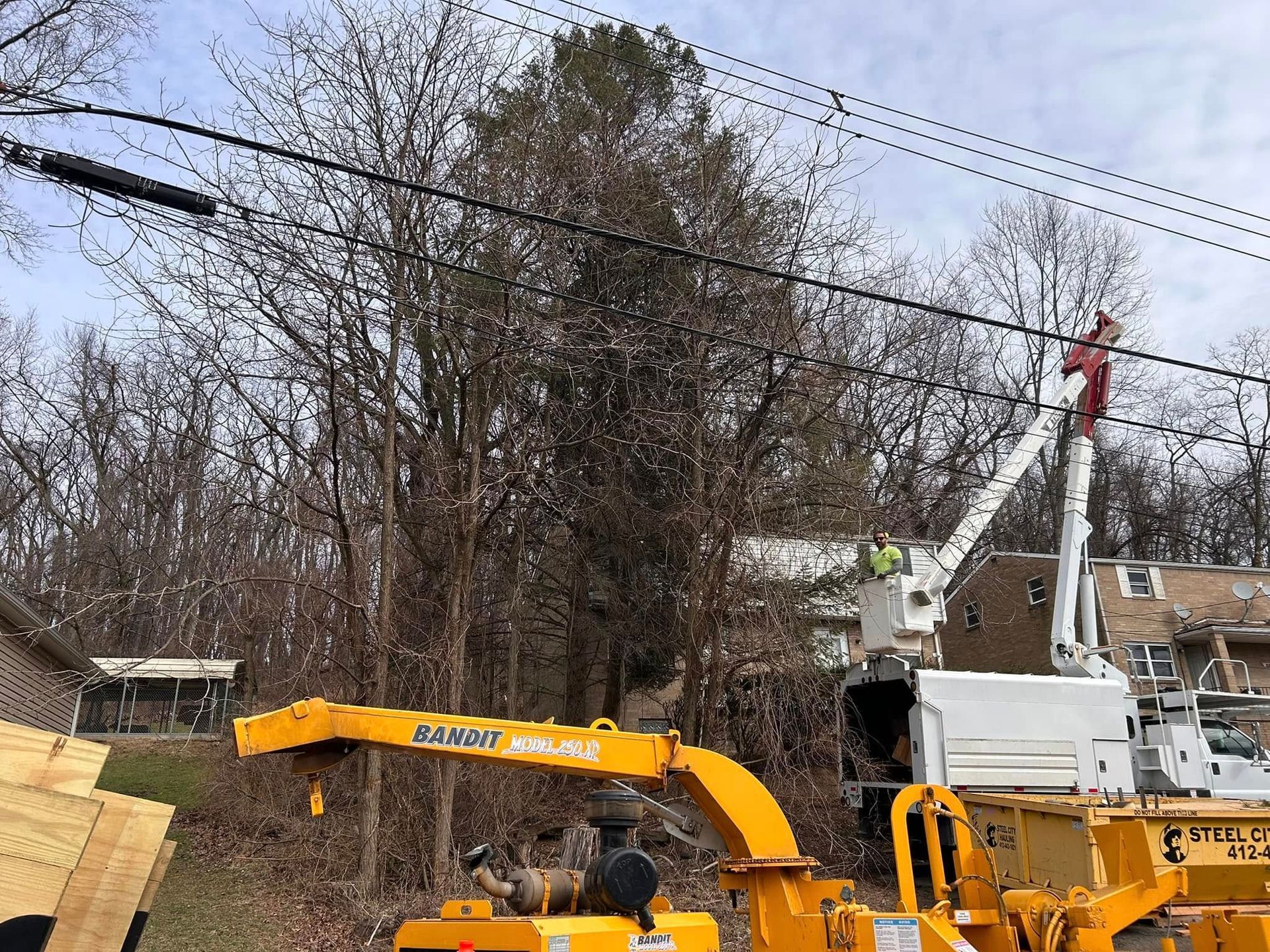 Yellow construction excavator lifting a worker in a bucket near a house and trees under power lines