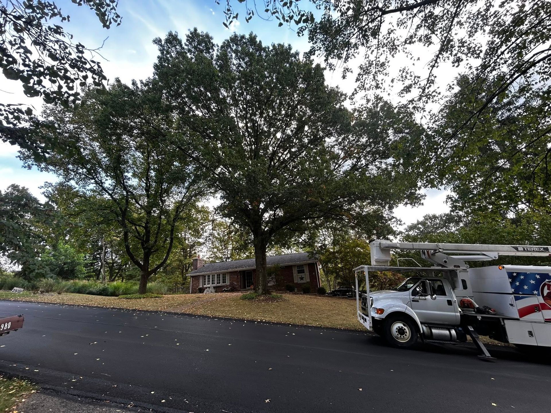 Tree-lined residential street with a white utility truck and trailer parked by a house.
