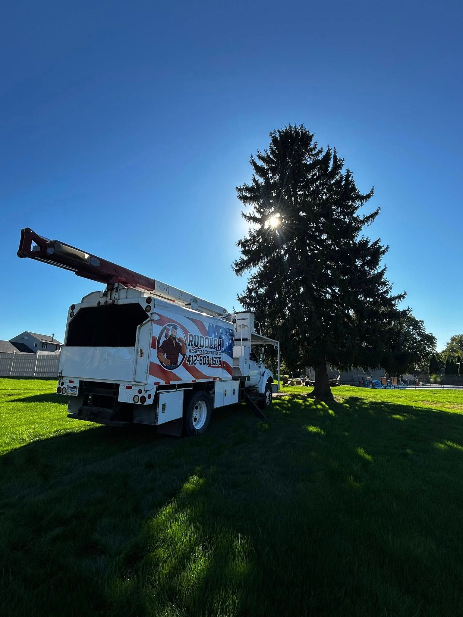 White utility truck with boom lift beside a tall evergreen tree on a sunny grassy lawn