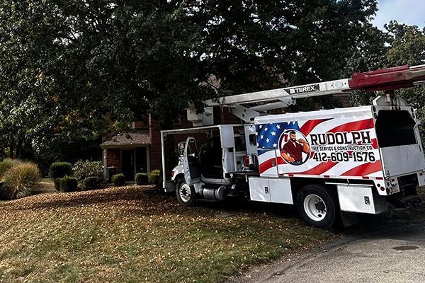 Tree service truck parked in a leafy yard beside a house, with a red-and-white Rudolph logo and ladder on top
