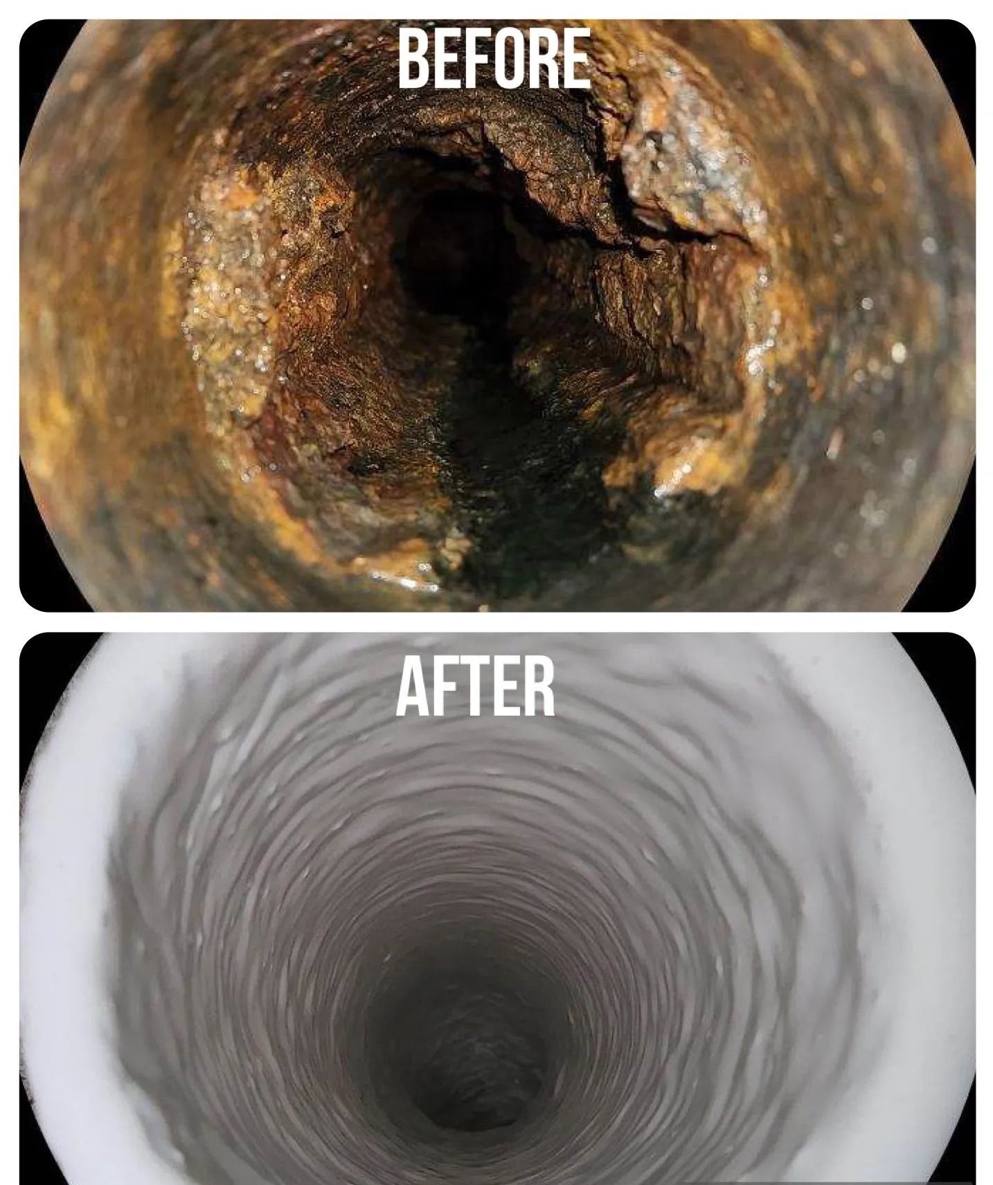 A comparison showing a rusted, clogged pipe before cleaning and the smooth, white interior of the pipe after lining.