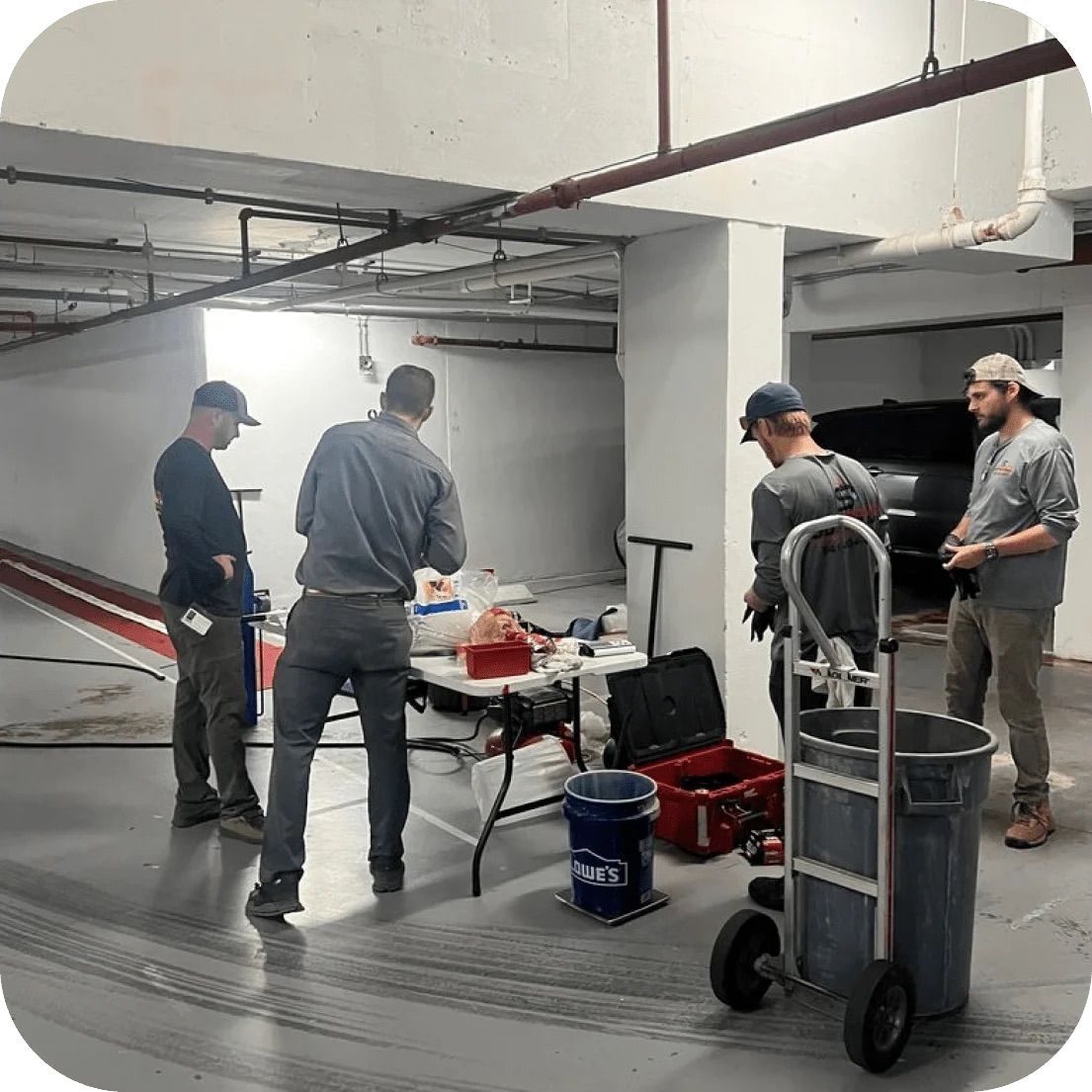 Four people in a garage setting, appear to be working. Tools and supplies on a table. Gray concrete floor.