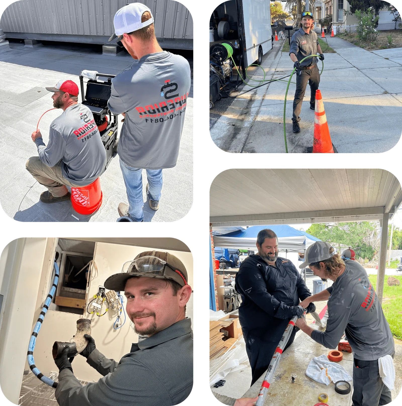 Four photos of plumbing technicians working with gray shirts and the 