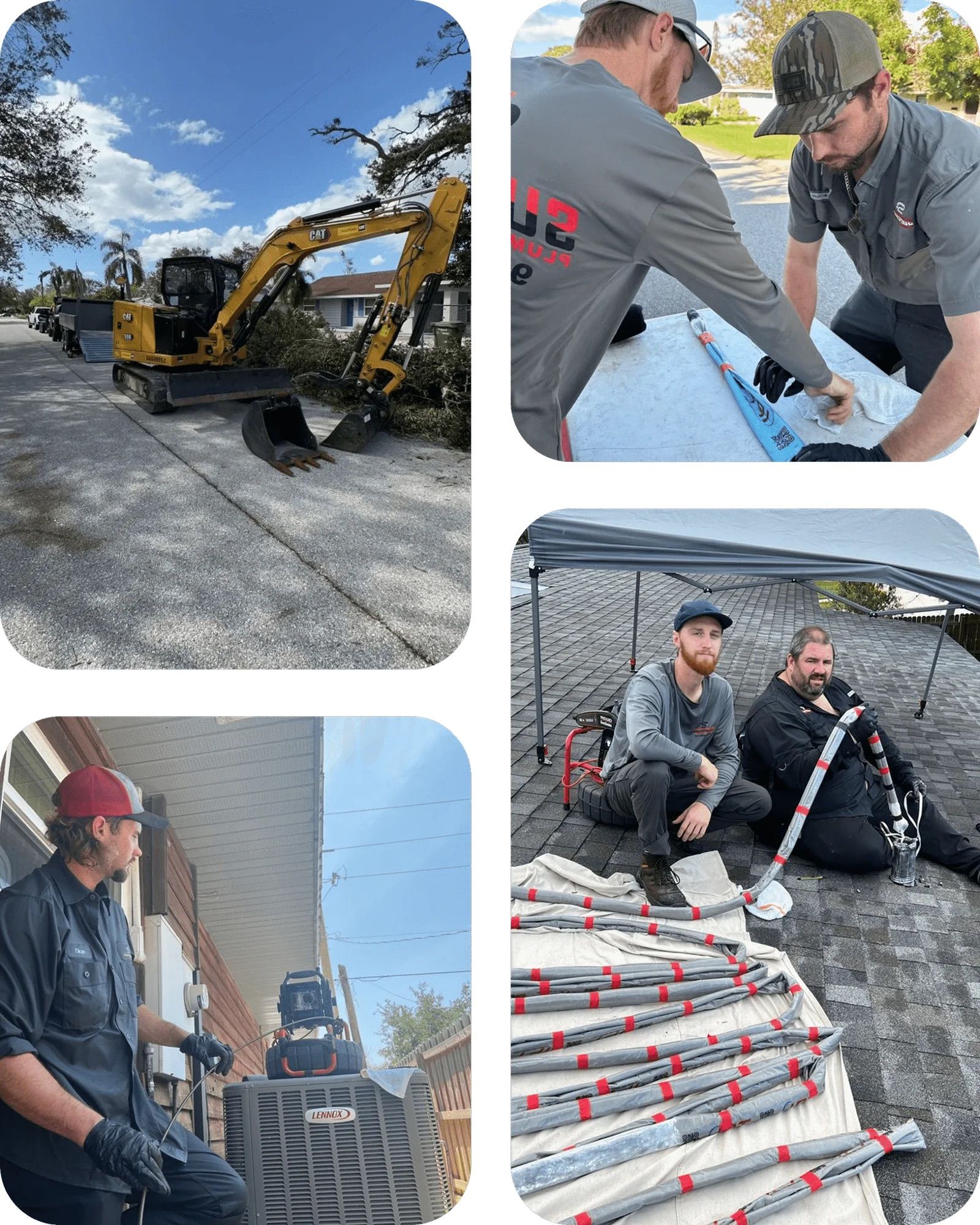 Construction workers on site with an excavator, roofing materials, and tools, possibly repairing damage.