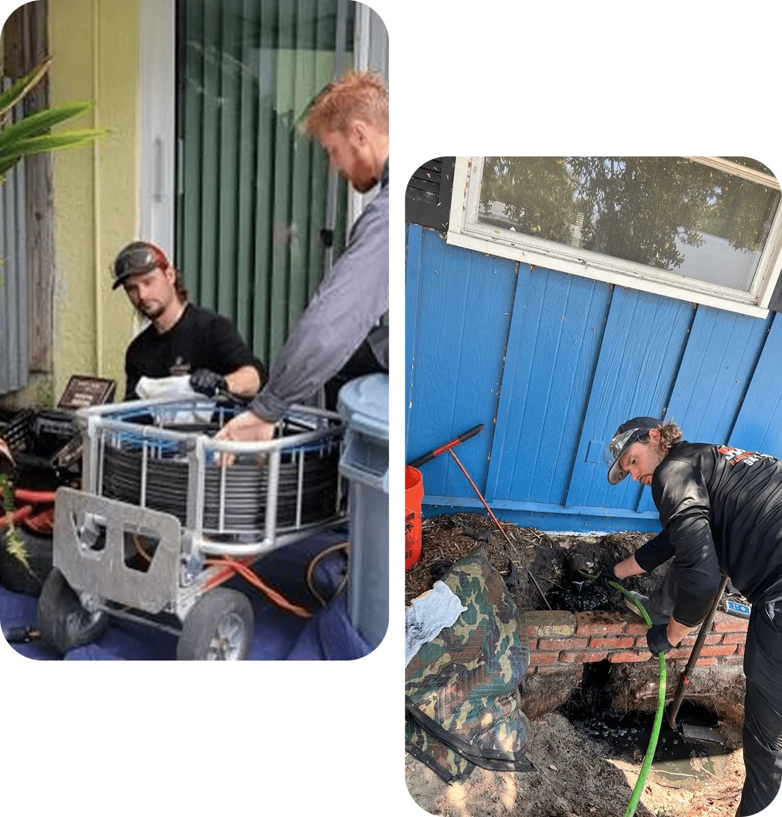 Two men working: one using equipment, one clearing debris near a blue wall and brickwork.