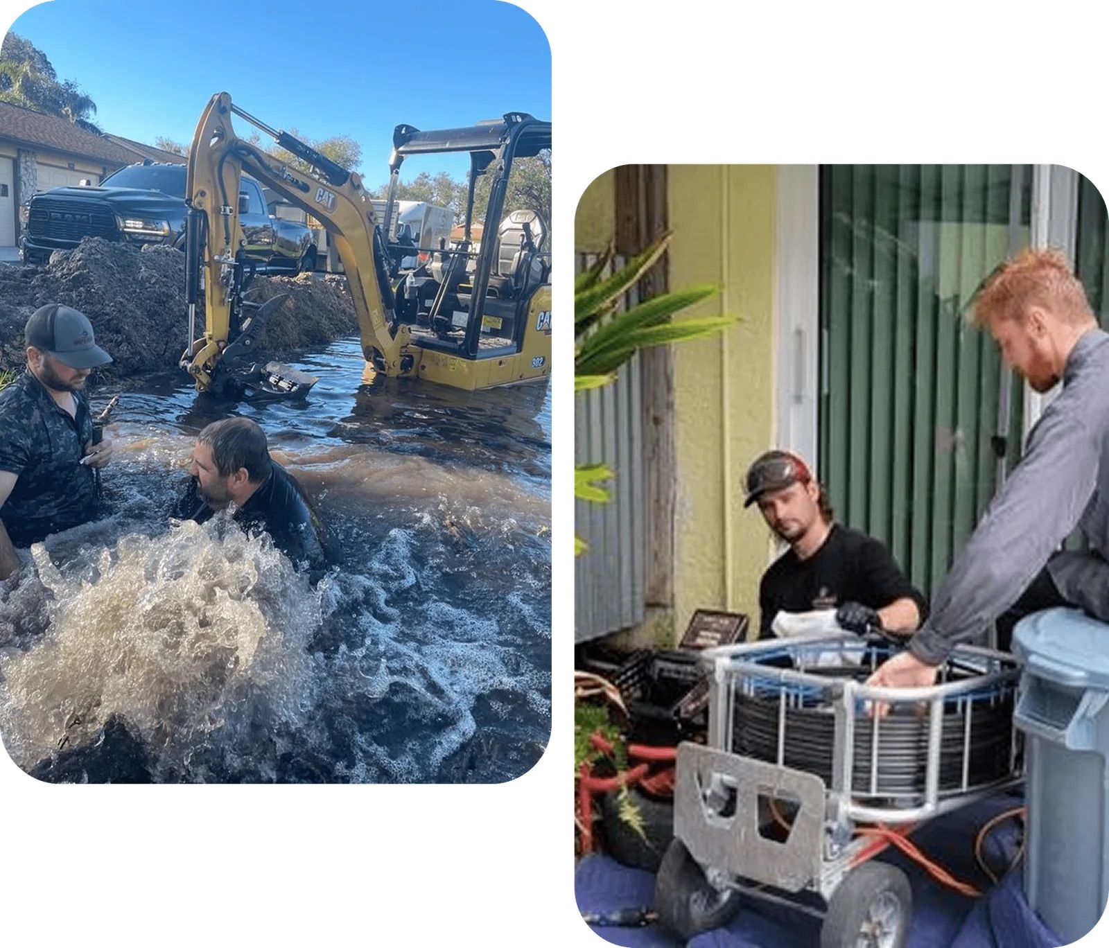Left: Men in floodwaters near excavator. Right: Men unload equipment near a building.