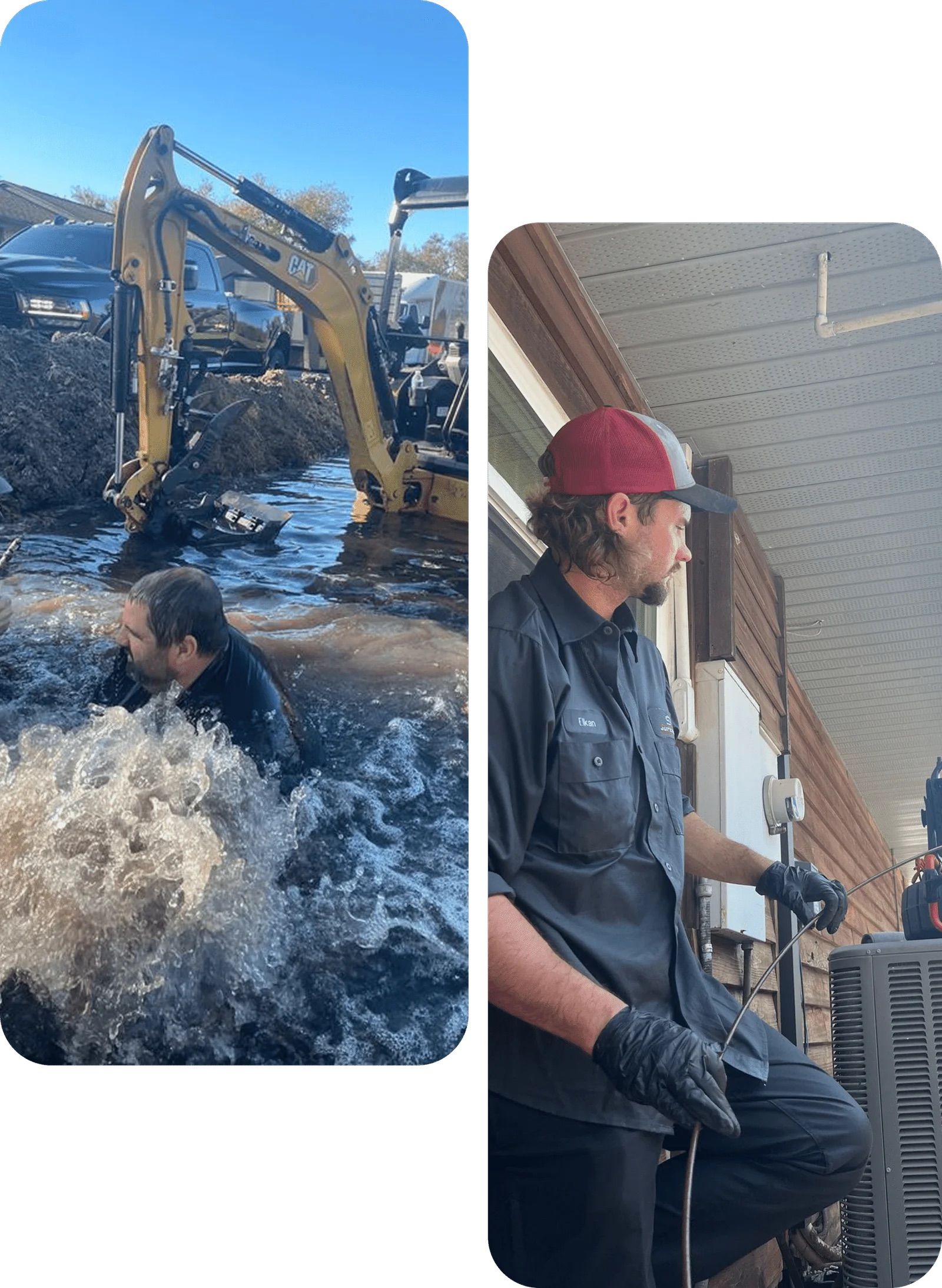 Two men in work clothes. One wades in muddy water with an excavator, the other works on an air conditioner.