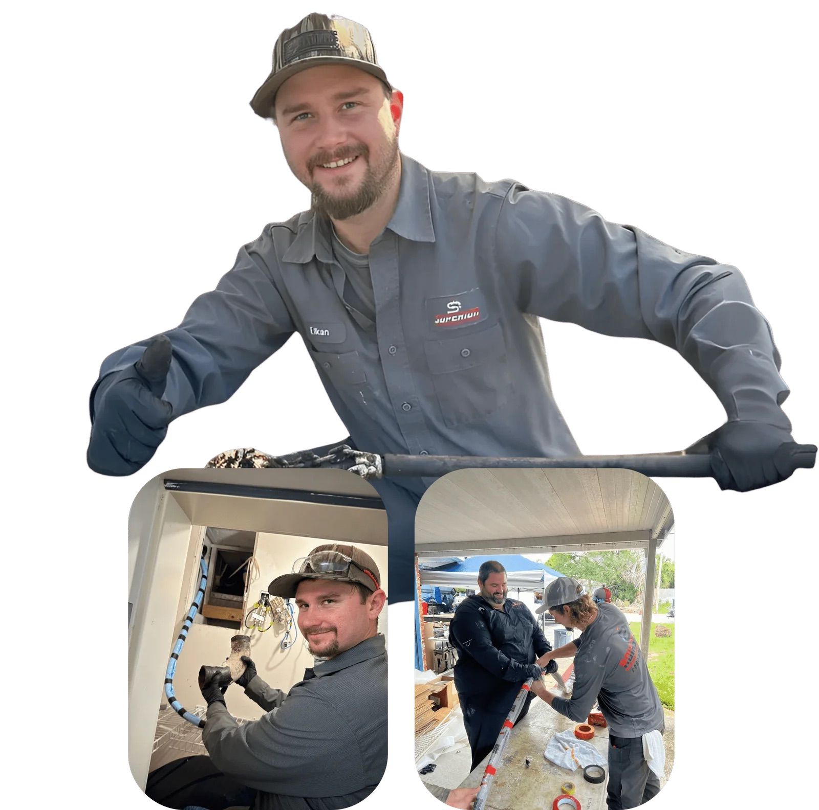 Man in gray uniform smiles, working on a project, with inset images of him and others working.
