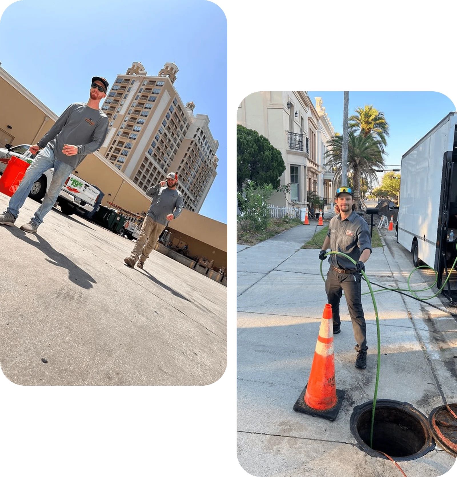 Two men working on the street. One pulls a cable from a manhole, the other stands near a building.