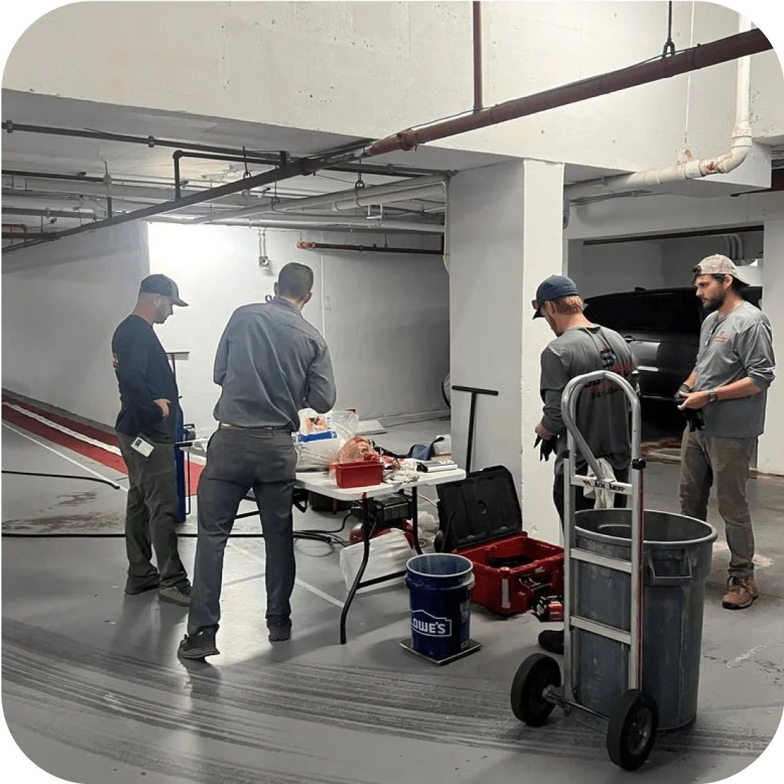 Four workers in a parking garage; preparing at a table, some holding tools.