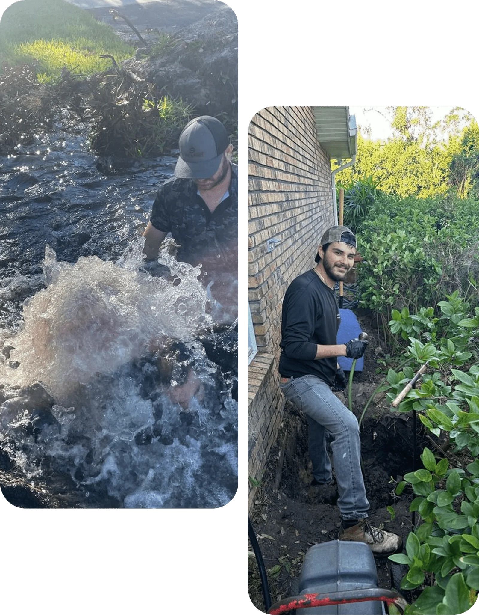Man working in murky water and then near a brick wall, smiling, holding tools.