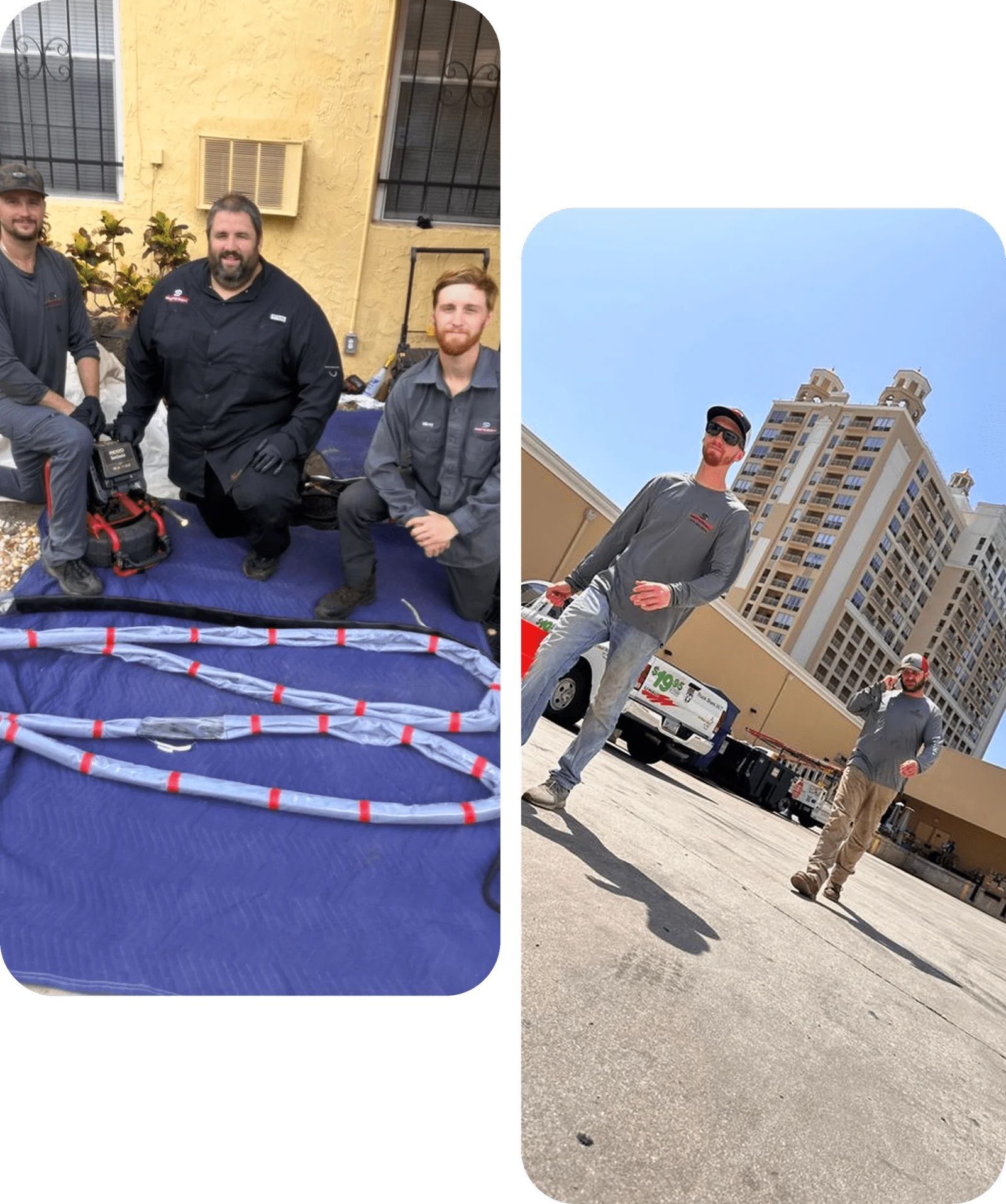 Two images: Workers with cables on blue mat, and workers outside building in parking lot.