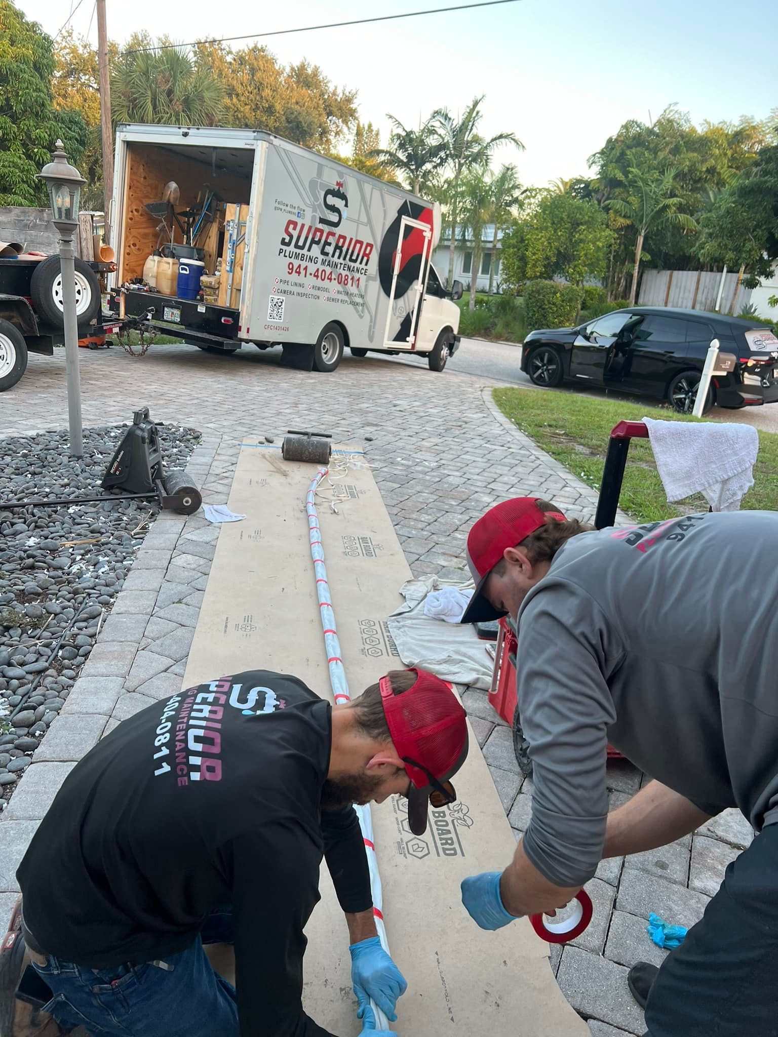 Two workers measuring and marking a long strip of paper on a driveway. A truck is parked nearby.