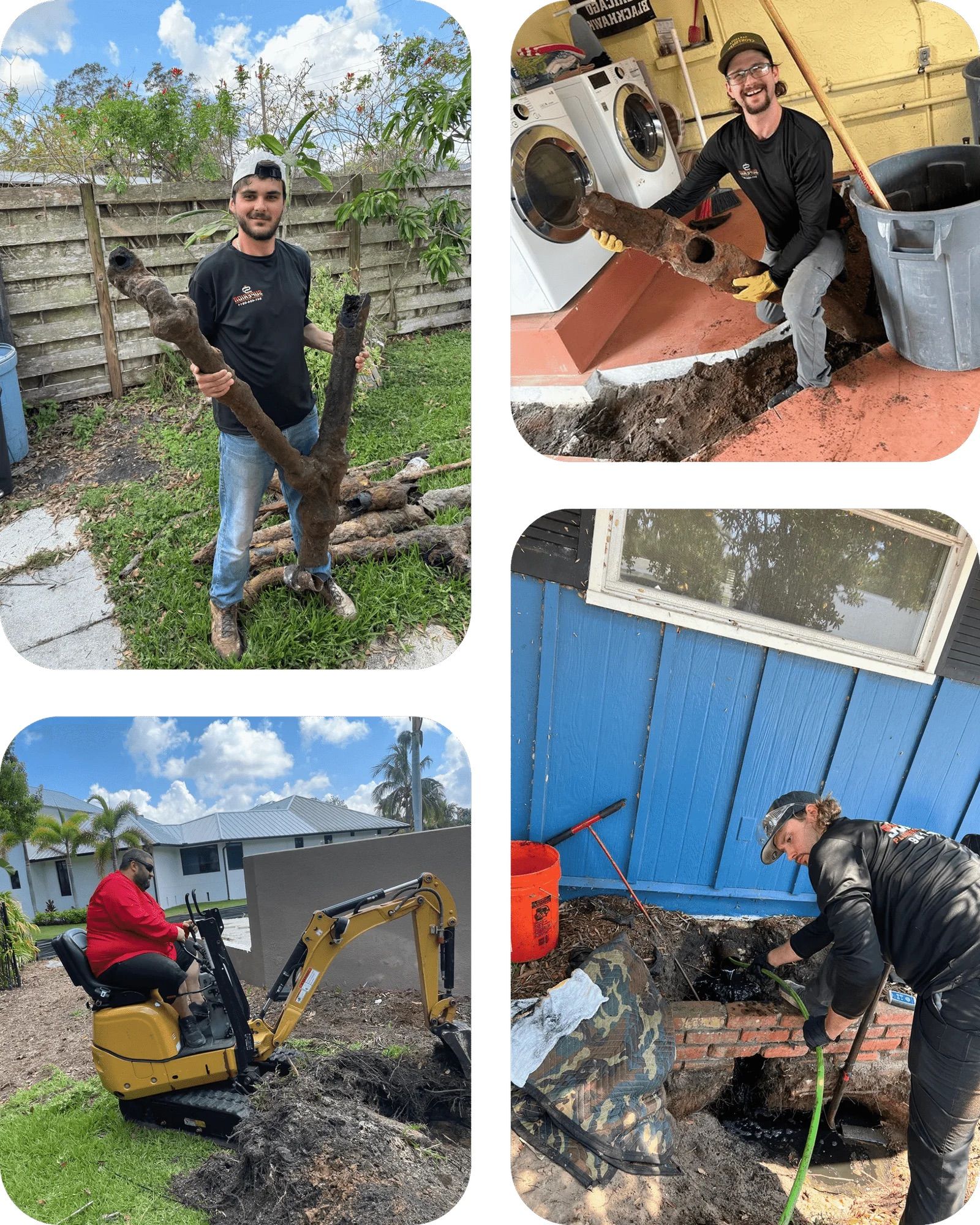 Four images showing workers removing debris and digging, likely for a plumbing or construction project.