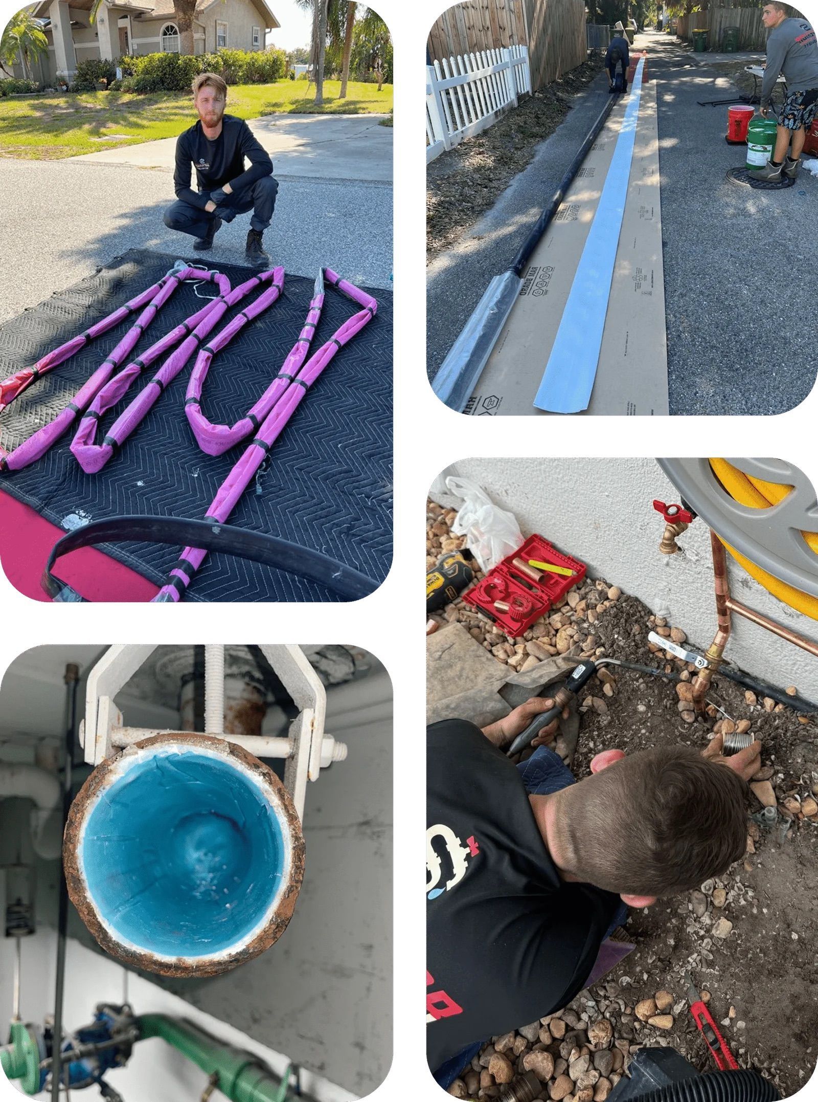 Man installs pipes and infrastructure outside. Pink tubes, tools, and a blue pipe are visible.