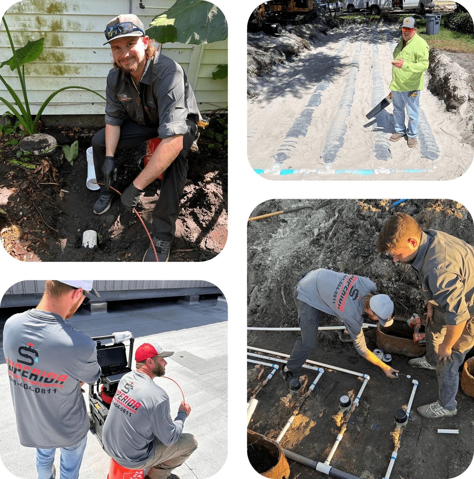 Workers in branded gray shirts perform plumbing and excavation tasks, including pipe laying and site surveying.