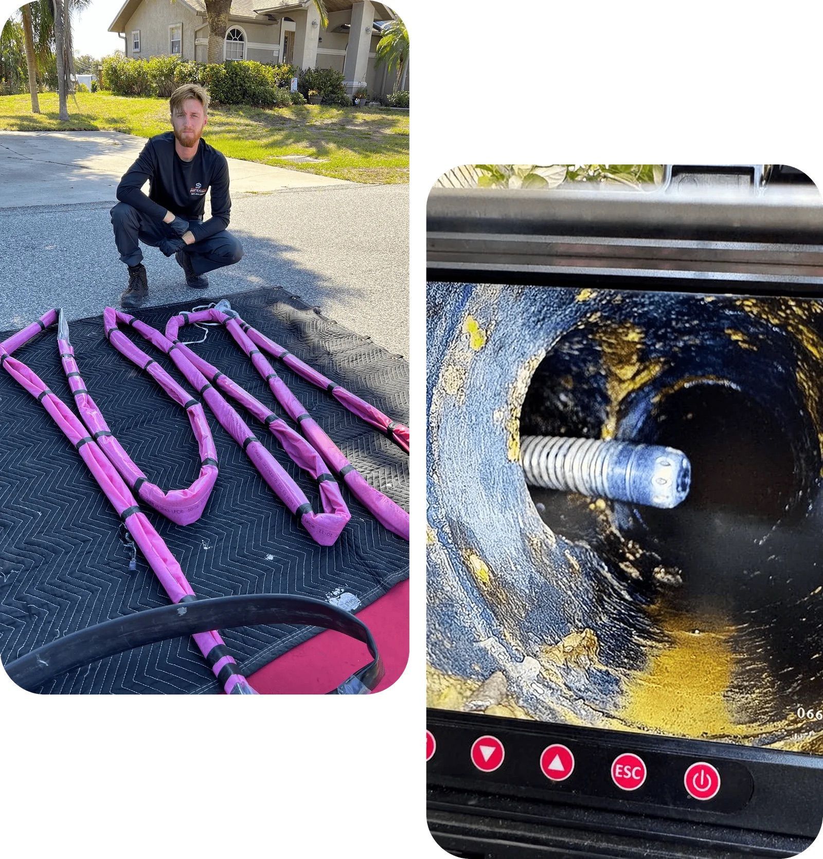 Man kneels next to pink hoses on a truck. Right: a camera view inside a pipe.