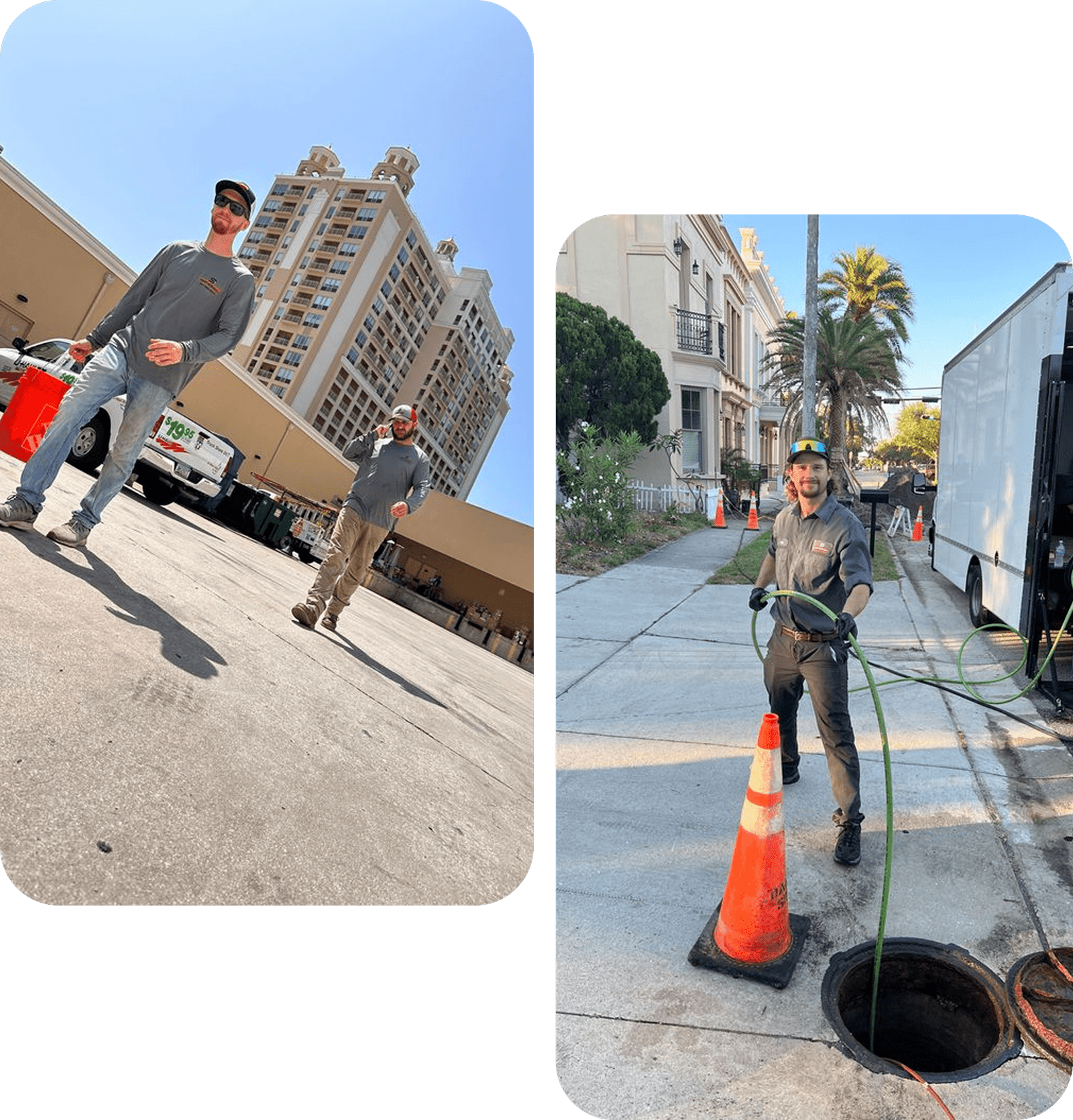Two men in work shirts near a building and a van; one is working at a sewer access point, another stands nearby.