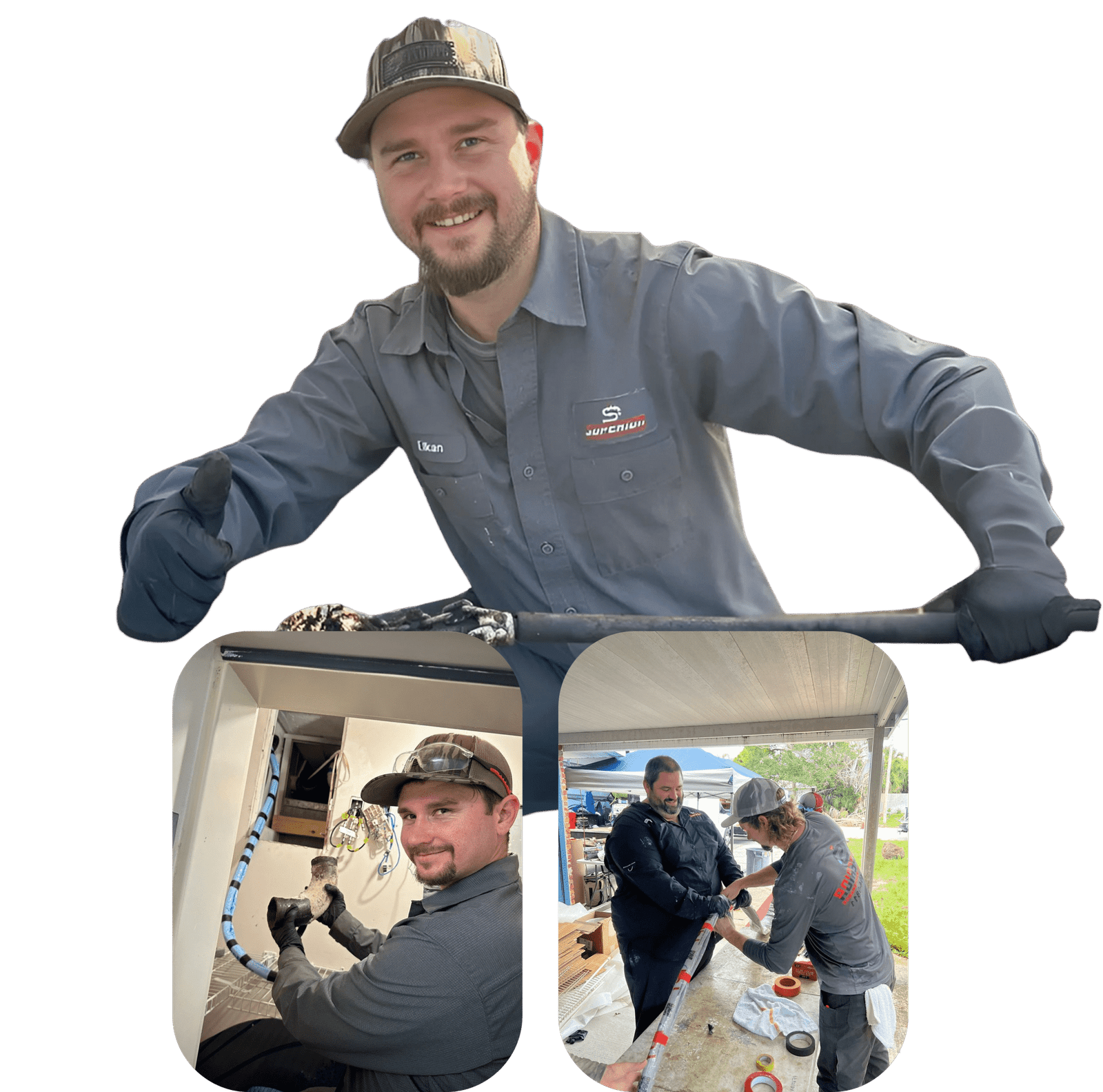 Man in uniform, smiling, with two smaller images of him working on construction.