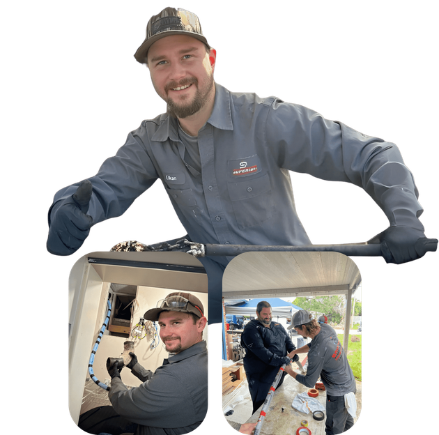 Man in uniform, smiling, with two smaller images of him working on construction.