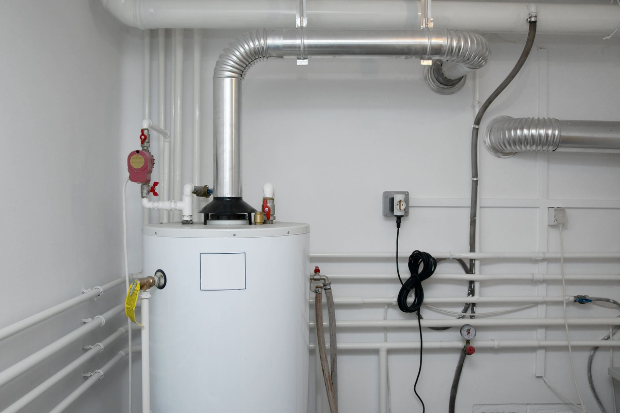 A white water heater stands in a room with exposed pipes, a ventilation flue, and electrical wiring on a white wall.