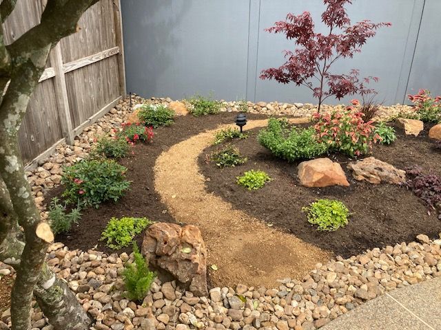 Winding gravel path through a small garden with rocks, mulch, and various plants. A small Japanese maple tree is in the background.