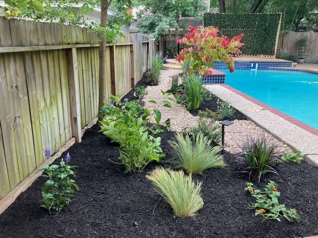 Landscaped garden bed along a wooden fence and pool. Green plants, black mulch, and a tan gravel pathway.