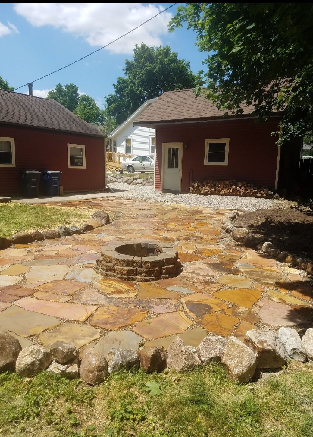 Red house with fire pit