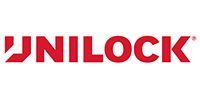A red and white logo for unilock on a white background.