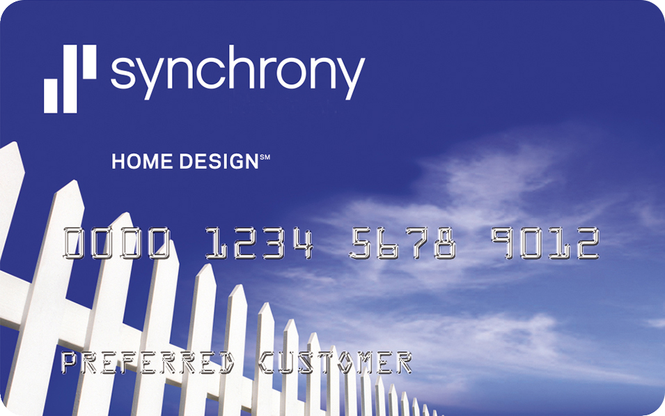 A synchrony home design credit card with a blue sky in the background