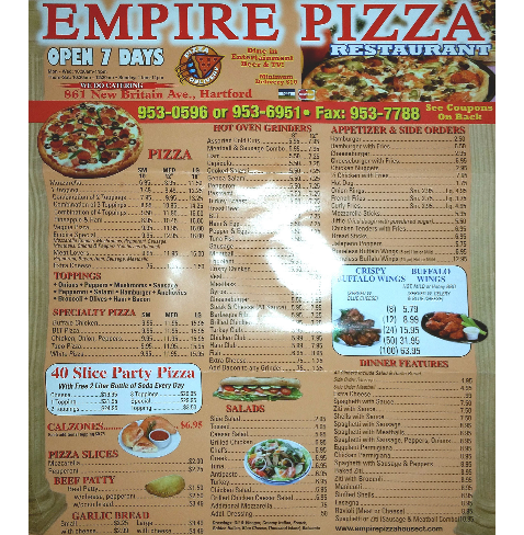 Empire Pizza House - Hartford Connecticut Menu
