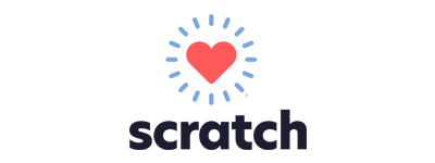 Scratch logo: Red heart with light blue rays, above the word