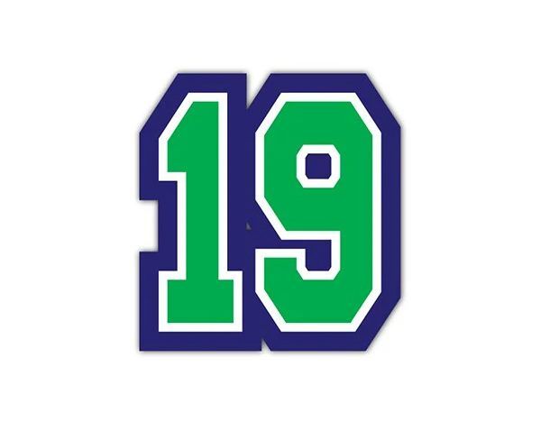 The number 19 is green and blue on a white background