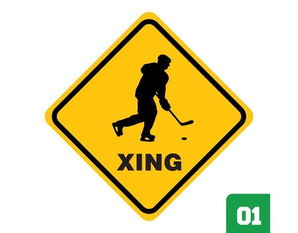 A xing sign with a hockey player on it