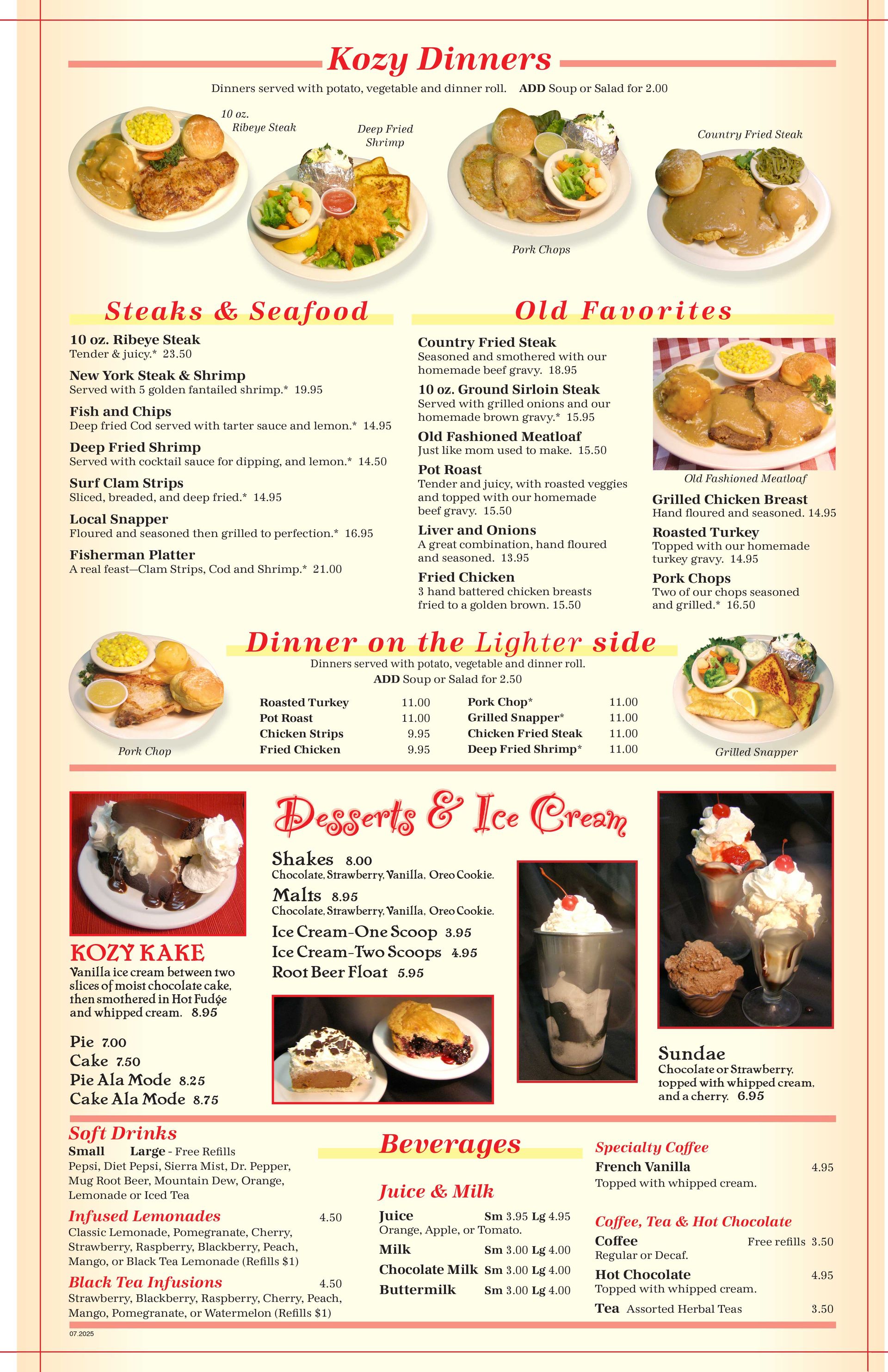 Full menu for Kozy Kitchen page 4.