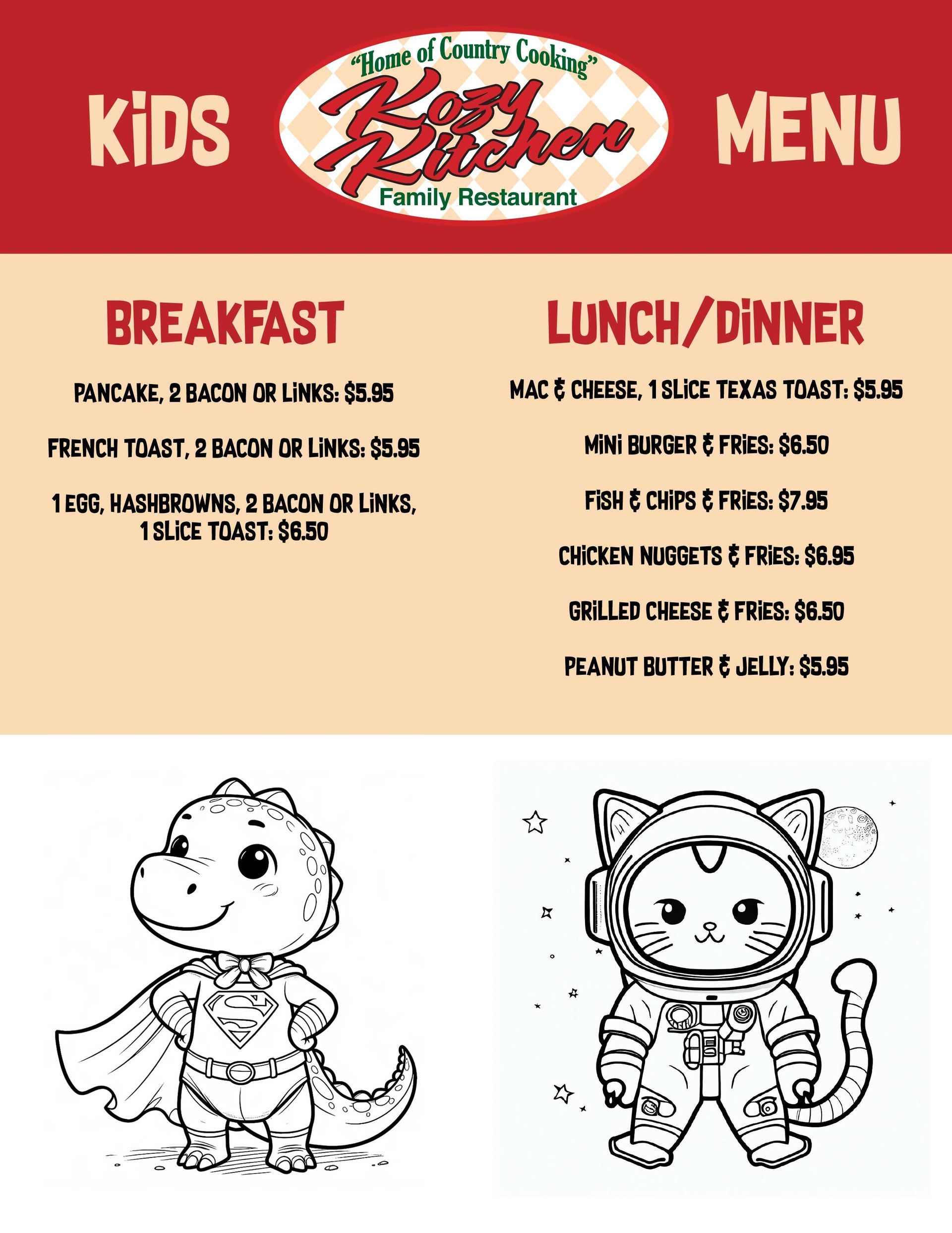 Kids menu for Kozy Kitchen