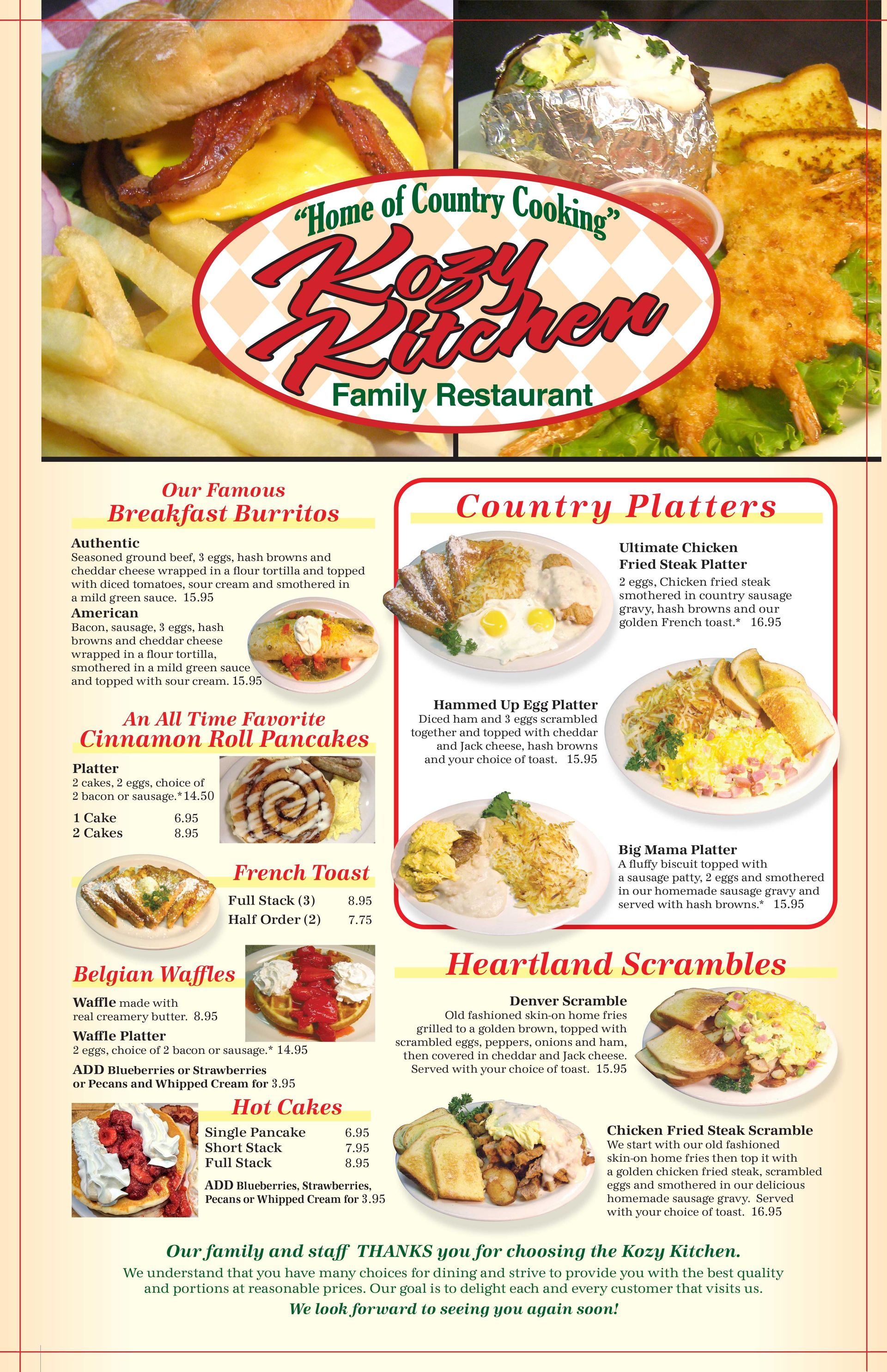 Menu for Kozy Kitchen Family Restaurant, featuring breakfast items like burgers, potatoes, and country platters.