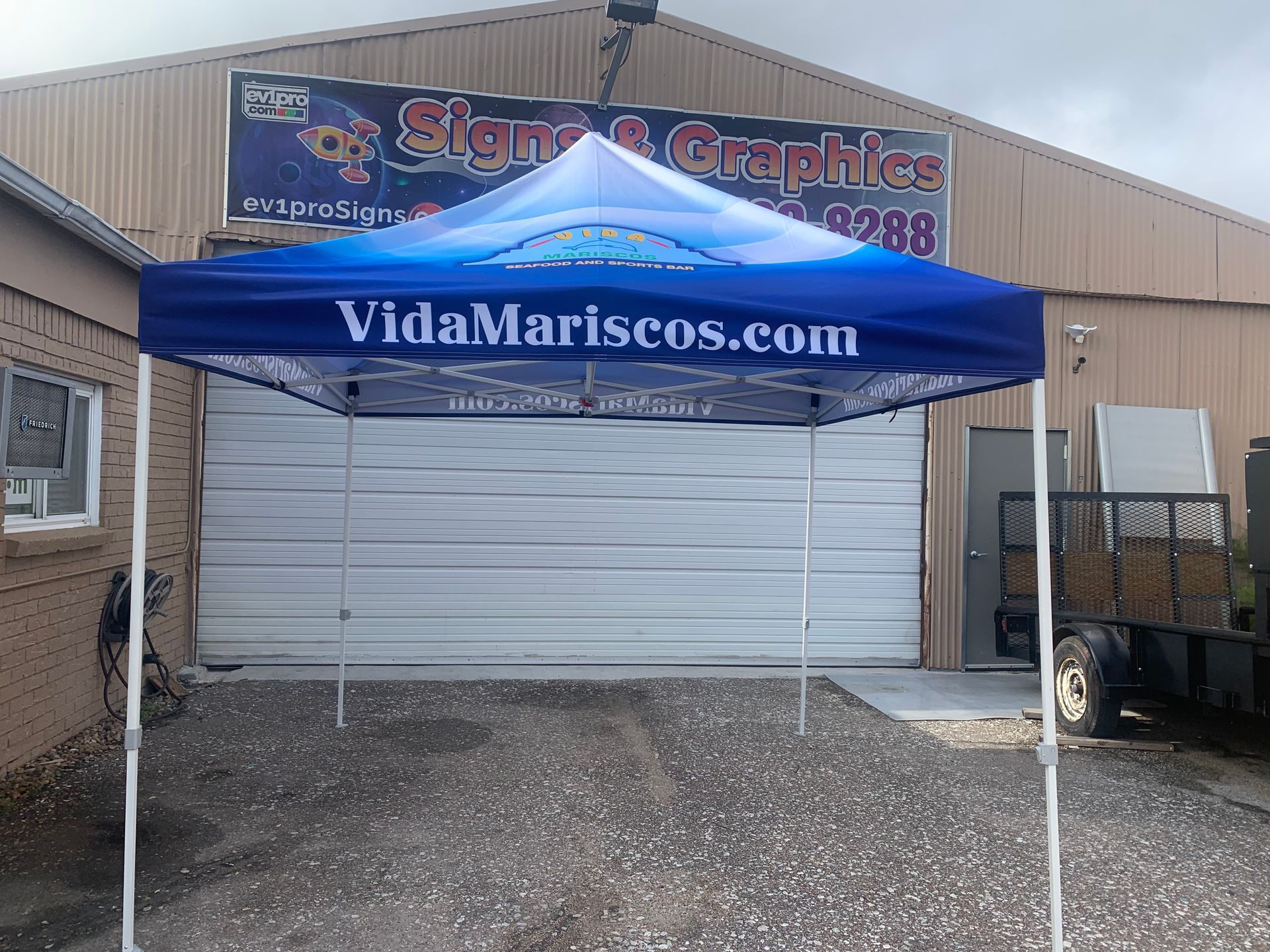 Blue and white canopy with 