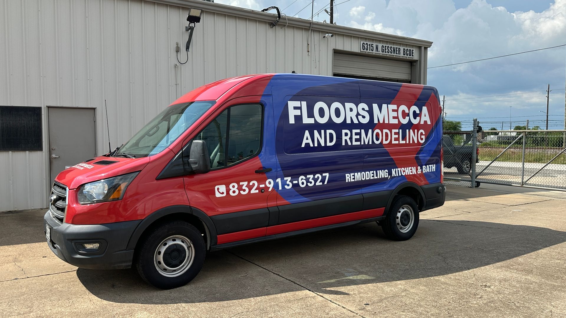 Red and blue van with 