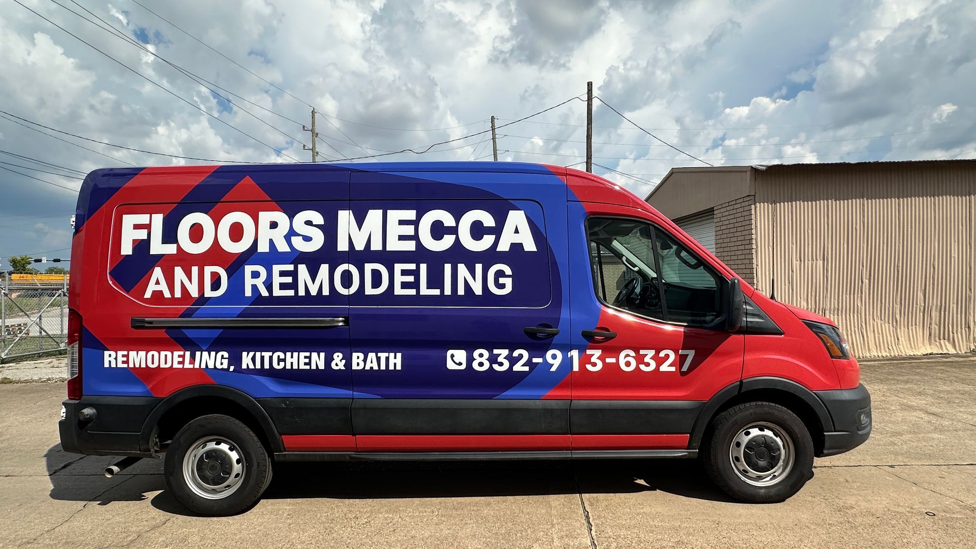 Red, blue, and white van with 