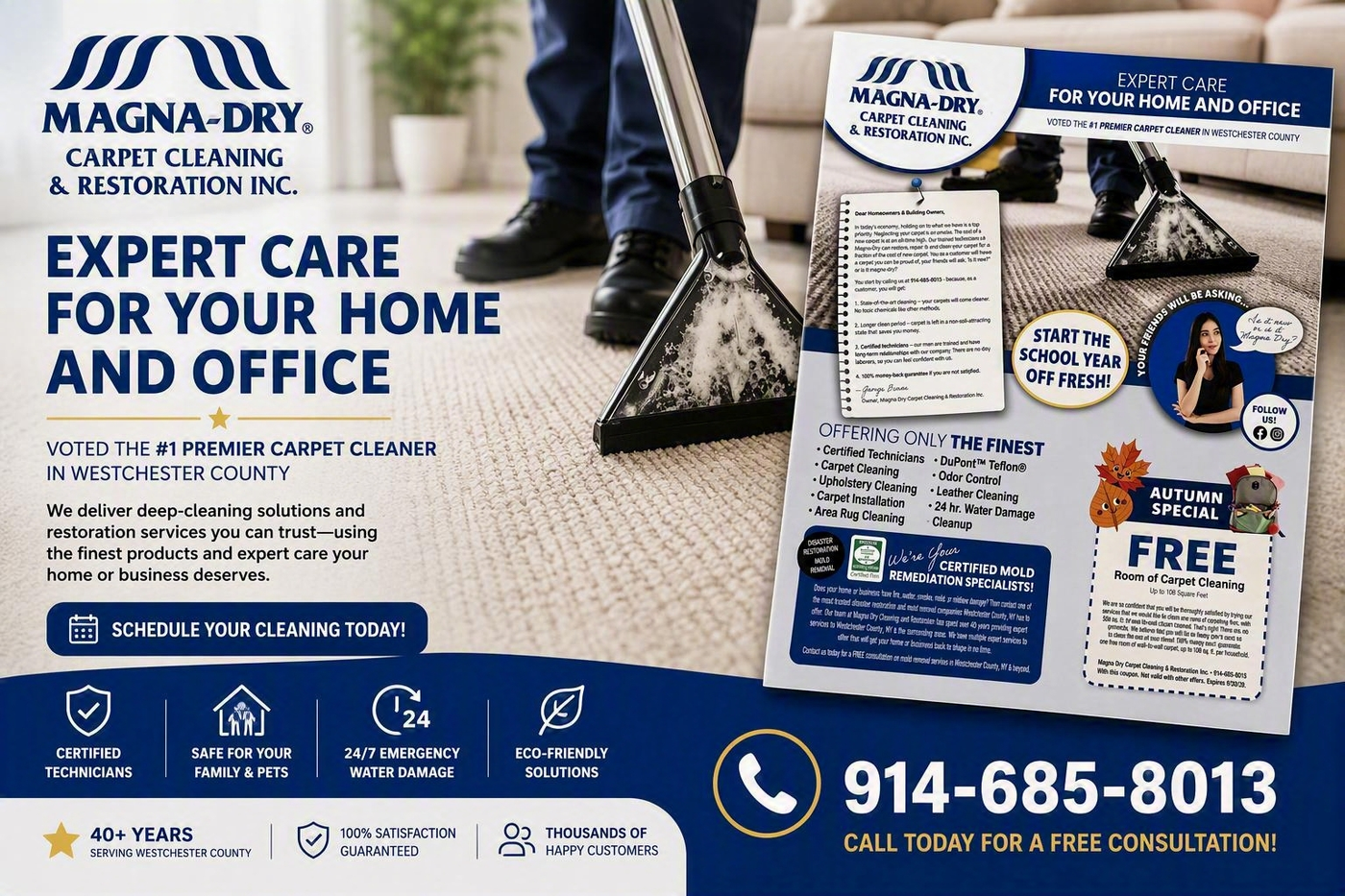 Magna-Dry carpet cleaning ad with blue-and-white branding and phone number 914-685-8013