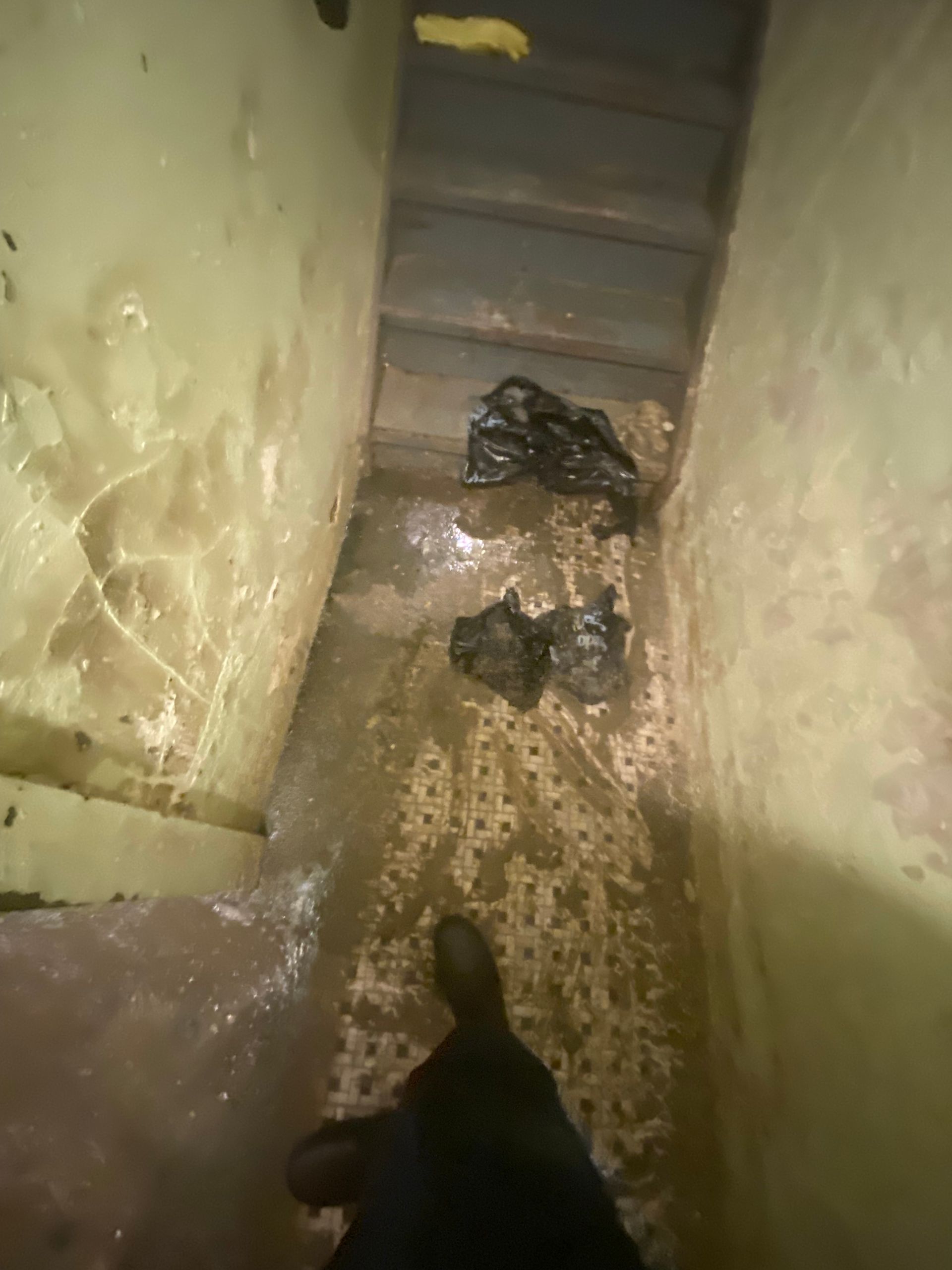 Narrow, dirty stairwell with wet floor, black trash bags, and a person's legs.