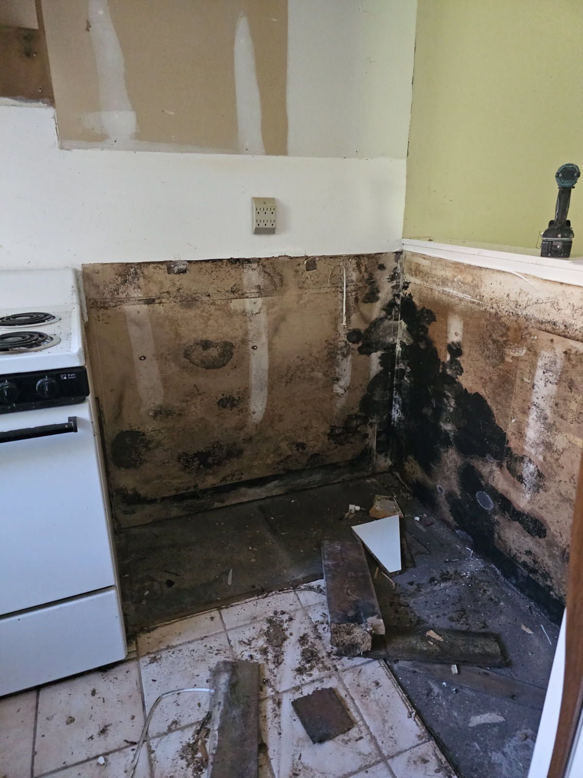 Kitchen wall demolition revealing water damage and mold, with a stove on the left.